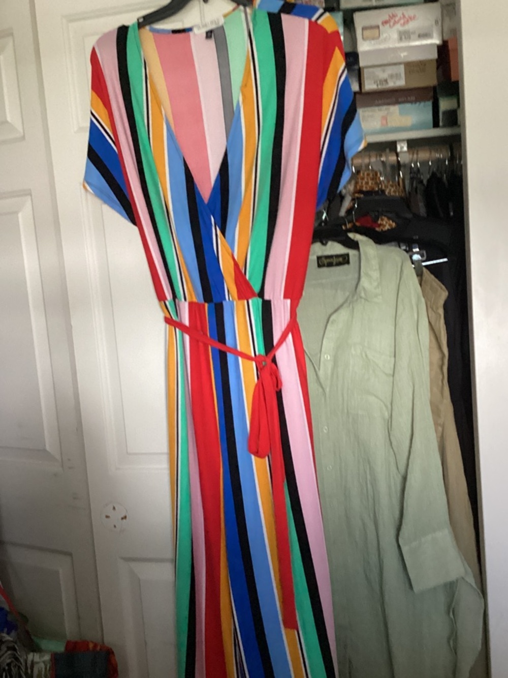 Planet Gold Multicolor Stripe Wrap Maxi Dress - Red, Pink, Blue, Green, Yellow